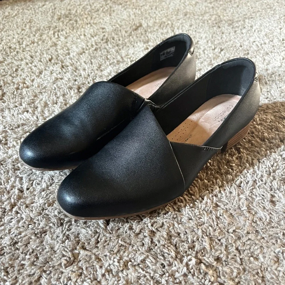 Clarks Shoes Juliet Palm Black Leather Loafer Slip On Minimal Basic Womens 9.5